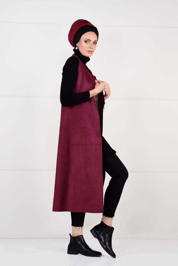 Tesettür giyim  BELİ DETAYLI LİKRALI SÜET YELEK 2390 - TRENDTESETTÜR