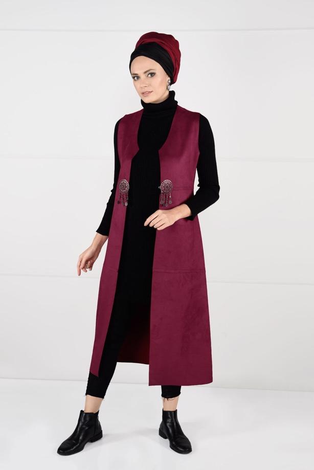 Tesettür giyim  BELİ DETAYLI LİKRALI SÜET YELEK 2390 - TRENDTESETTÜR