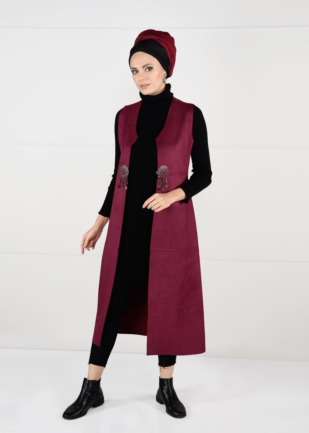 Tesettür giyim BORDO BELİ DETAYLI LİKRALI SÜET YELEK 2390