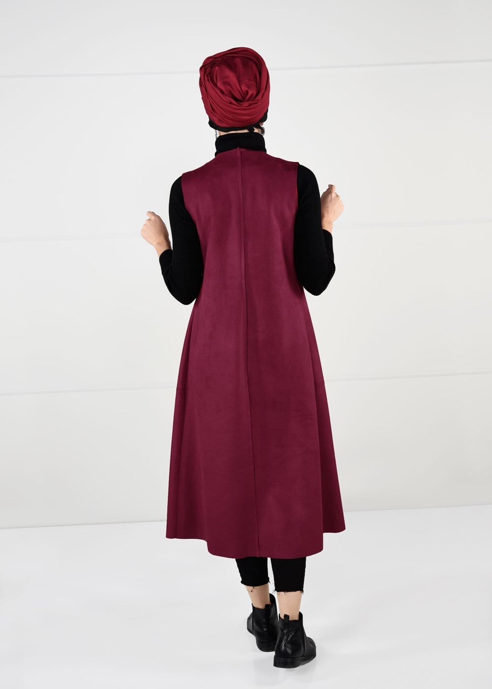 Tesettür giyim BORDO BELİ DETAYLI LİKRALI SÜET YELEK 2390