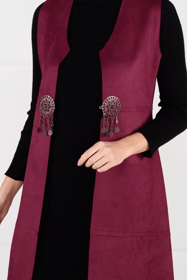 Tesettür giyim  BELİ DETAYLI LİKRALI SÜET YELEK 2390 - TRENDTESETTÜR