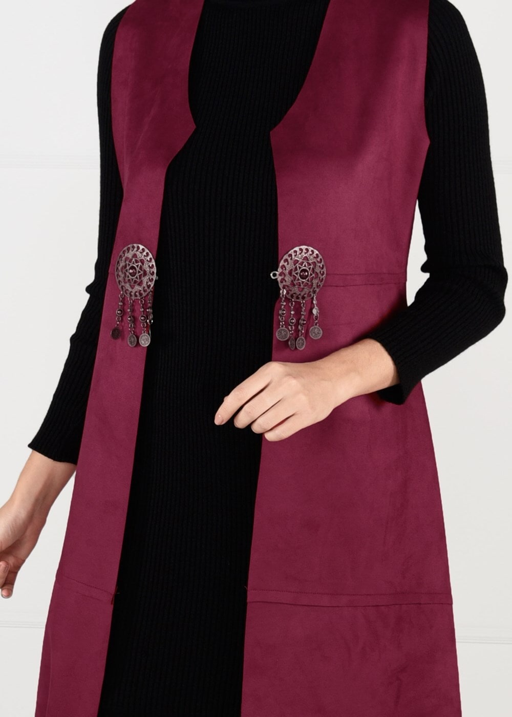 Tesettür giyim BORDO BELİ DETAYLI LİKRALI SÜET YELEK 2390