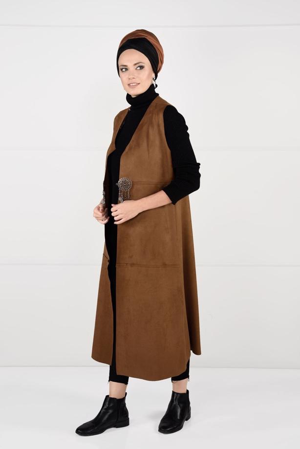 Tesettür giyim  BELİ DETAYLI LİKRALI SÜET YELEK 2390 - TRENDTESETTÜR