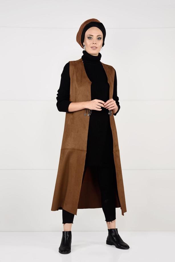 Tesettür giyim  BELİ DETAYLI LİKRALI SÜET YELEK 2390 - TRENDTESETTÜR