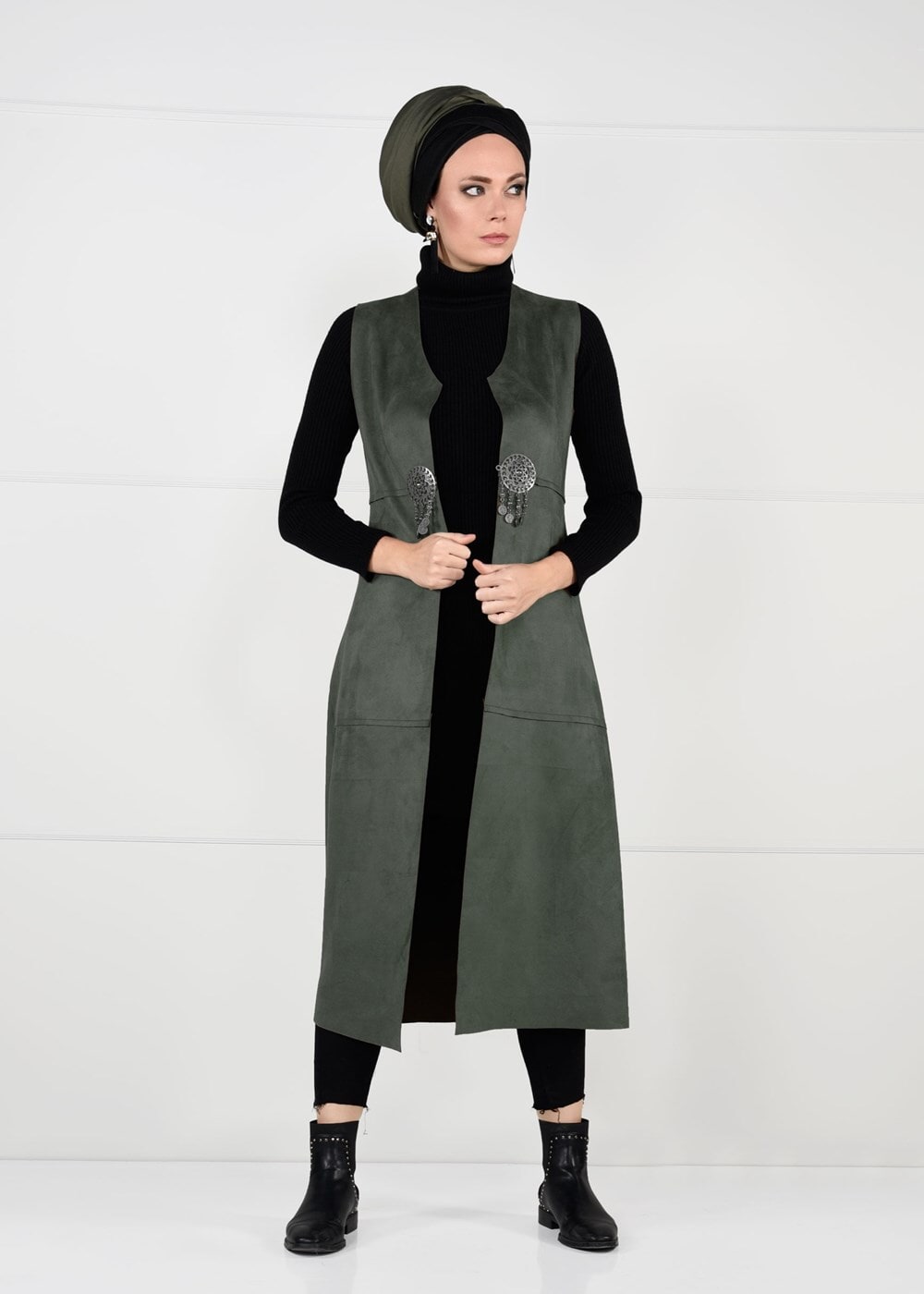 Vêtements hijab KAKI GILET EN DAIM 2390