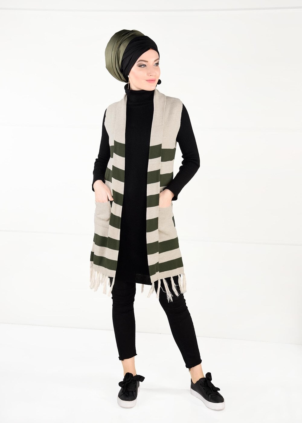 Tesettür giyim HAKİ ŞAL YAKA PÜSKÜLLÜ YELEK 4907 