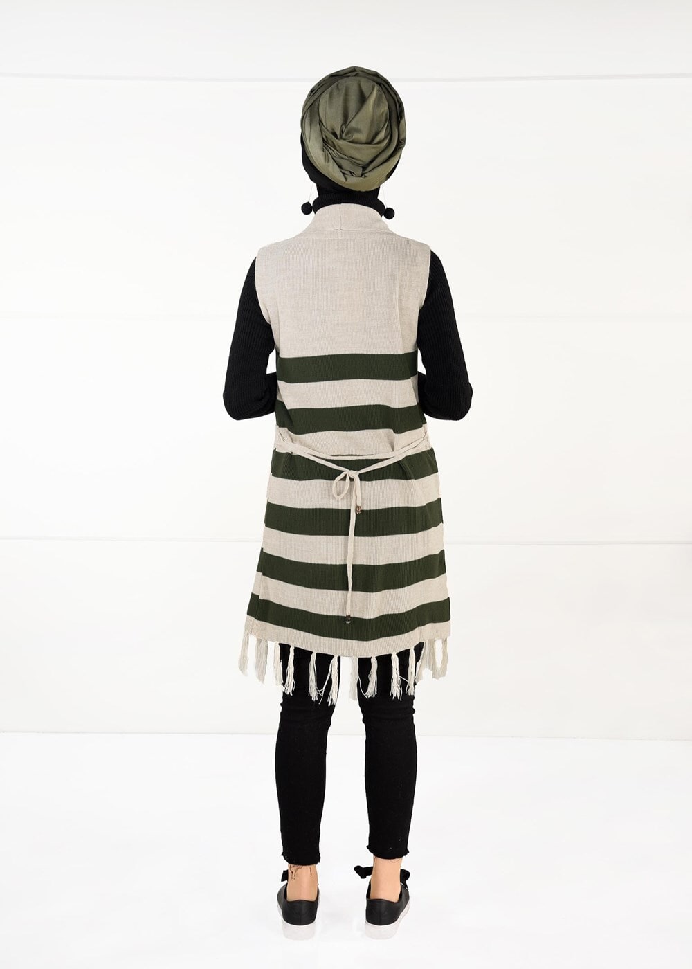 Tesettür giyim HAKİ ŞAL YAKA PÜSKÜLLÜ YELEK 4907 