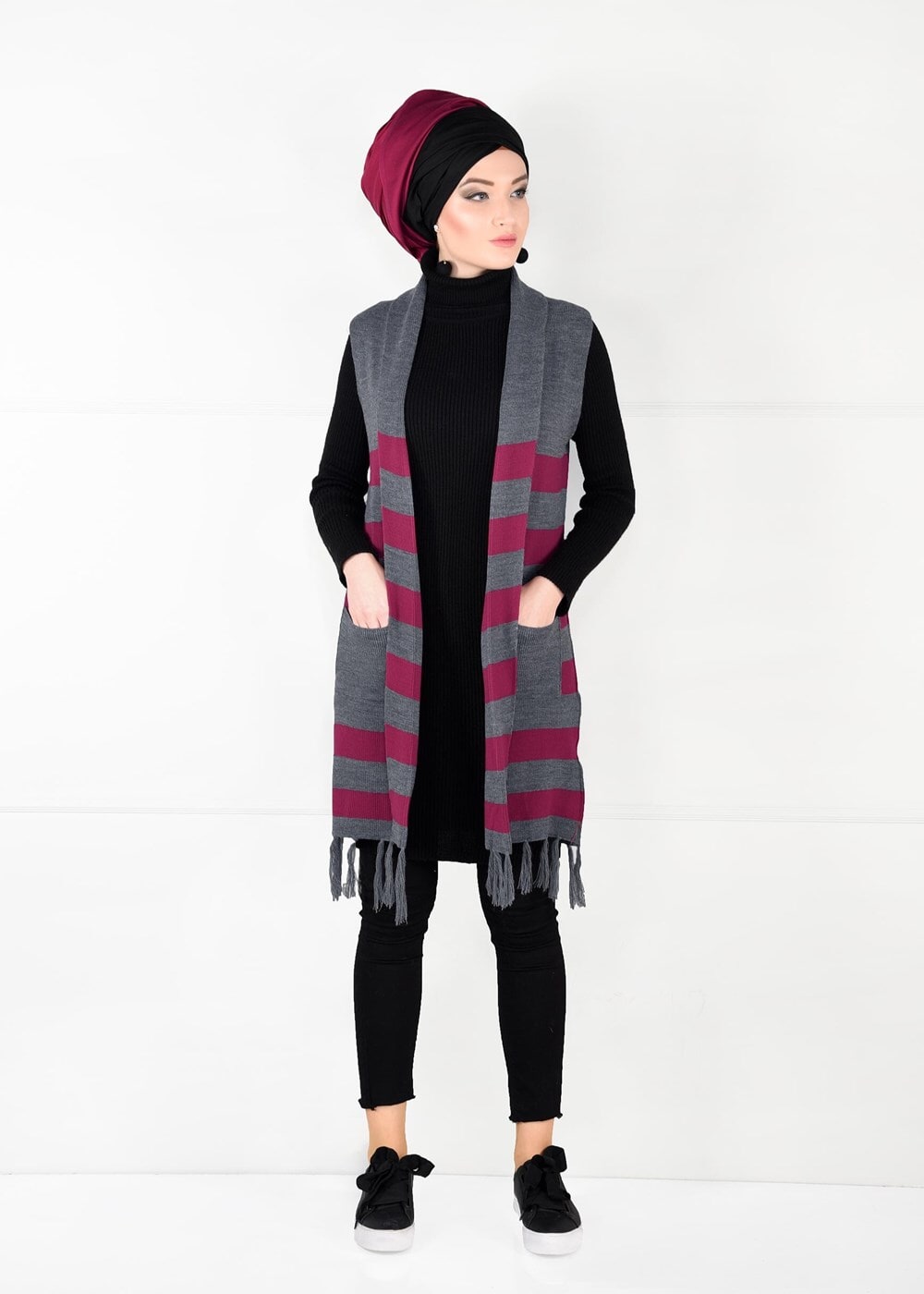 Tesettür giyim GRİ ŞAL YAKA PÜSKÜLLÜ YELEK 4907 