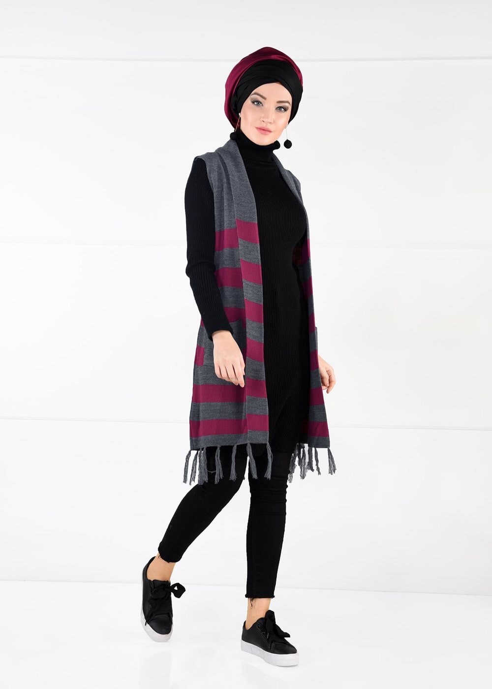 Tesettür giyim GRİ ŞAL YAKA PÜSKÜLLÜ YELEK 4907 