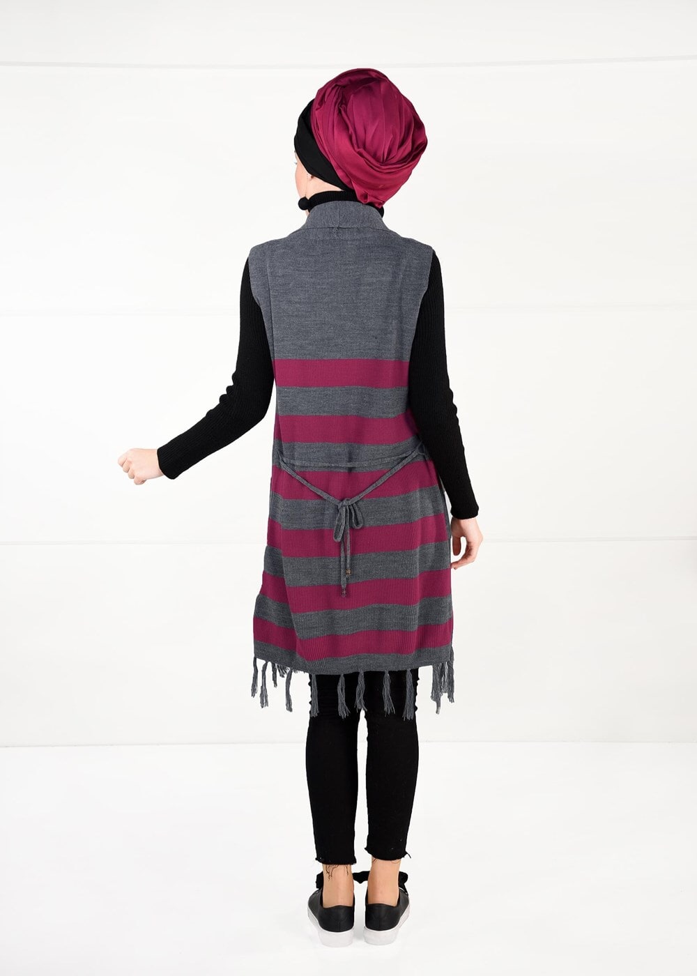 Tesettür giyim GRİ ŞAL YAKA PÜSKÜLLÜ YELEK 4907 