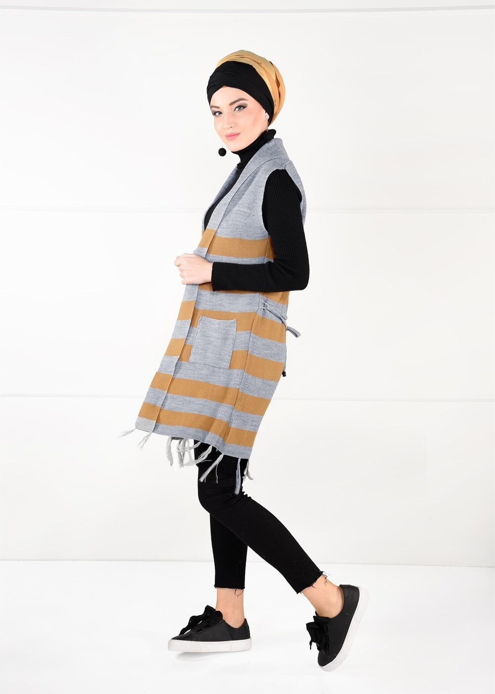 Tesettür giyim GRİ ŞAL YAKA PÜSKÜLLÜ YELEK 4907 