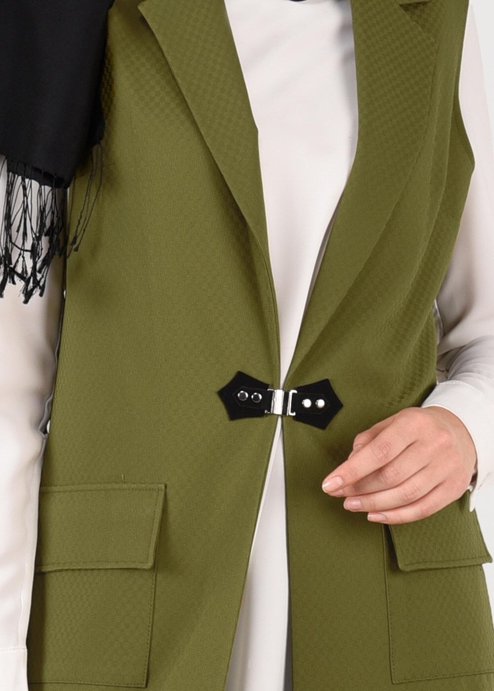 Tesettür giyim YEŞİL YANLARI YIRTMAÇLI CEPLİ YELEK 4956 