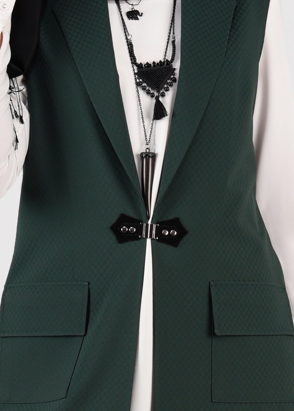 Tesettür giyim YEŞİL YANLARI YIRTMAÇLI CEPLİ YELEK 4956 