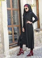 Tesettür giyim SİYAH YANLARI BAĞCIKLI OMUZLARI KUŞ GÖZÜ DETAYLI ÖRME YELEK 4958 