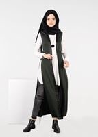 Tesettür giyim HAKİ YANLARI BAĞCIKLI OMUZLARI KUŞ GÖZÜ DETAYLI ÖRME YELEK 4958 