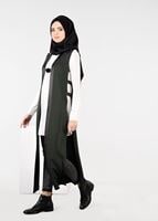 Tesettür giyim HAKİ YANLARI BAĞCIKLI OMUZLARI KUŞ GÖZÜ DETAYLI ÖRME YELEK 4958 