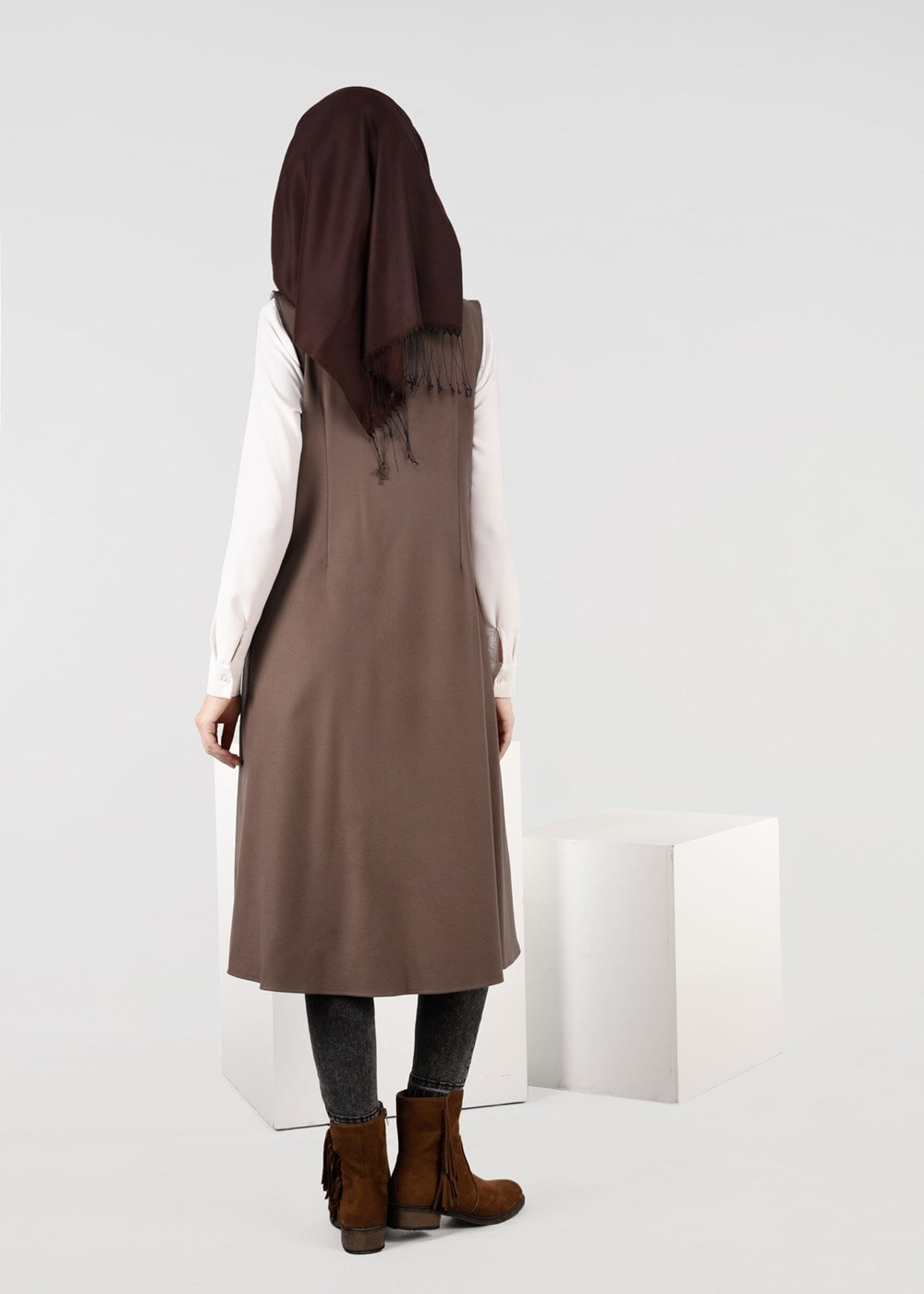 Tesettür giyim KAHVE BİYE DETAYLI YELEK 4974 