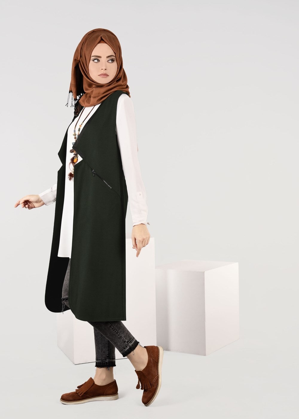 Tesettür giyim HAKİ BİYE DETAYLI YELEK 4974 