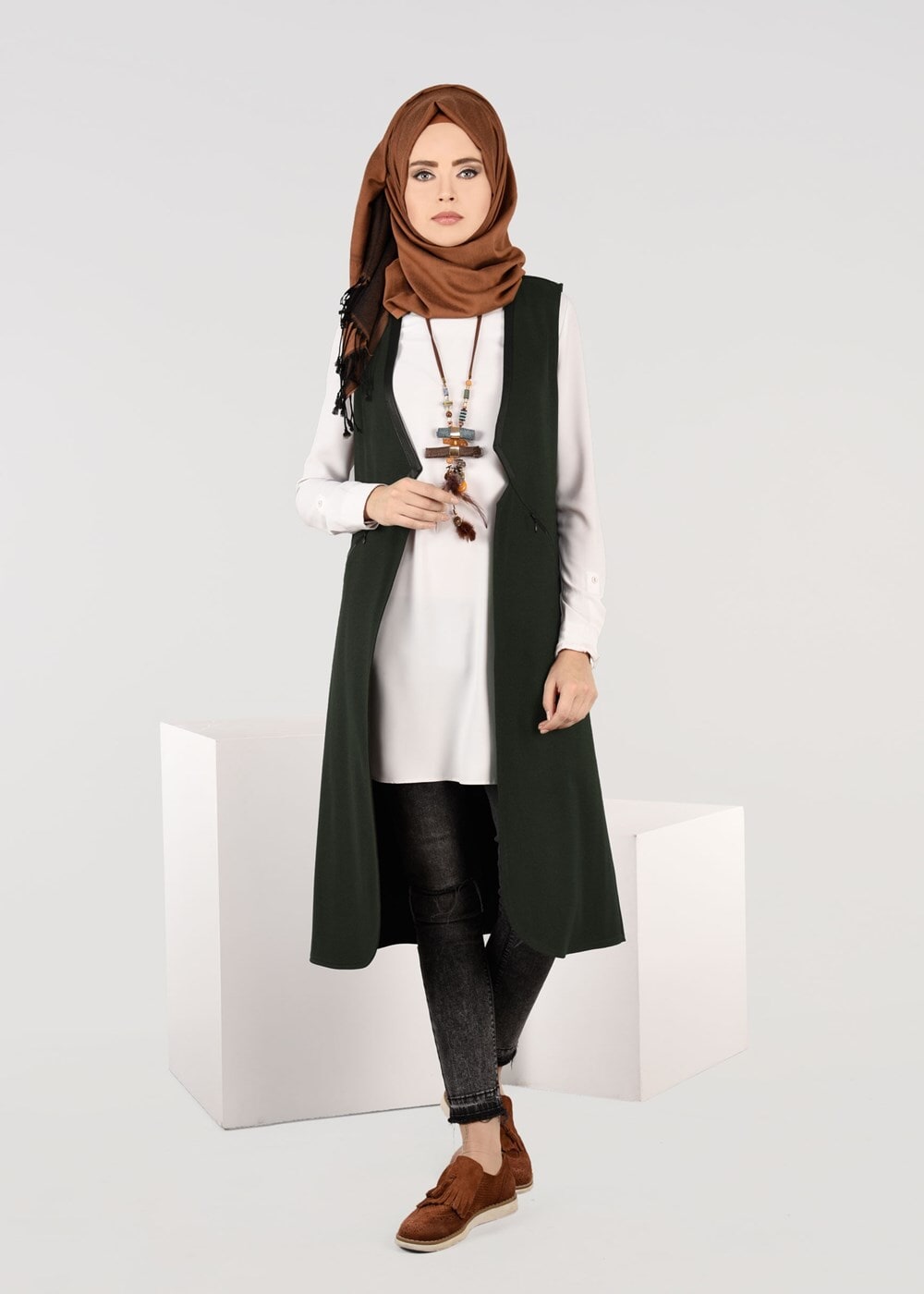 Tesettür giyim HAKİ BİYE DETAYLI YELEK 4974 