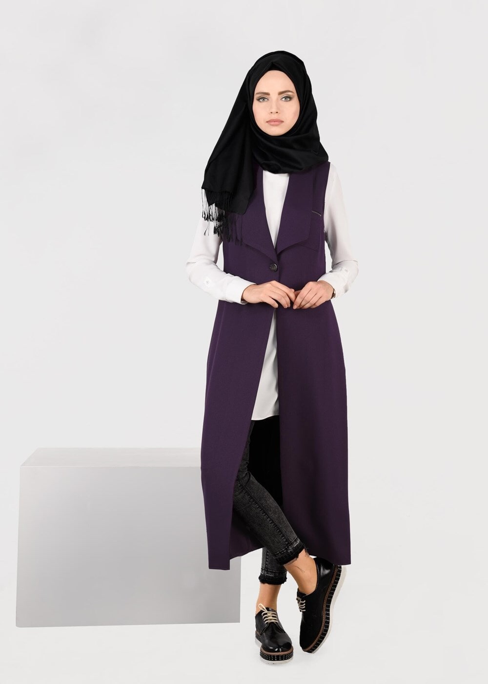 Tesettür giyim MOR TEK DÜĞMELİ FERMUAR DETAYLI YELEK 4977