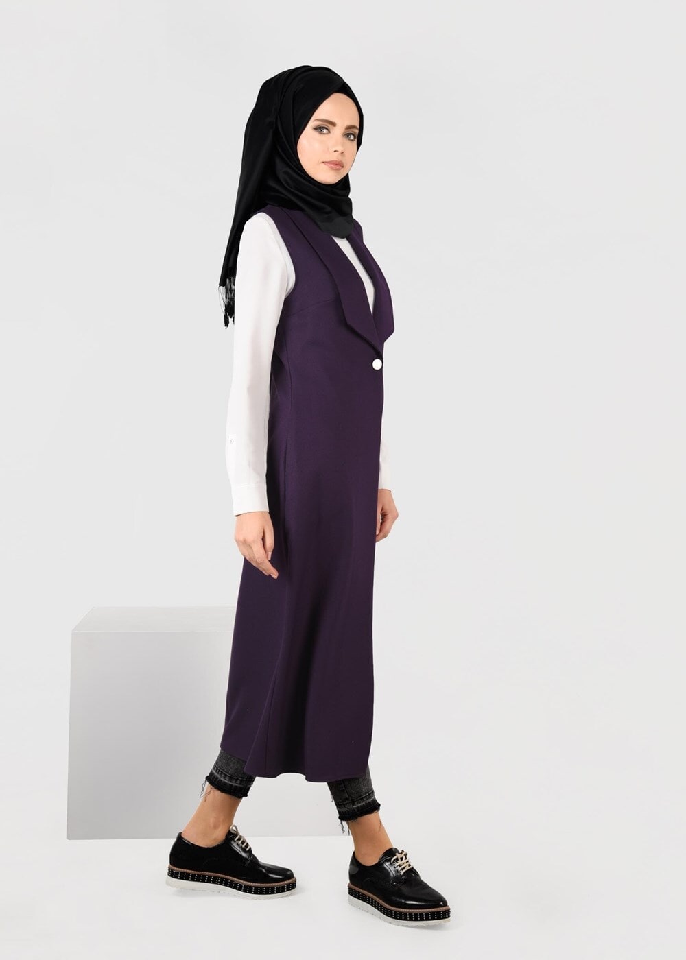 Tesettür giyim MOR TEK DÜĞMELİ FERMUAR DETAYLI YELEK 4977