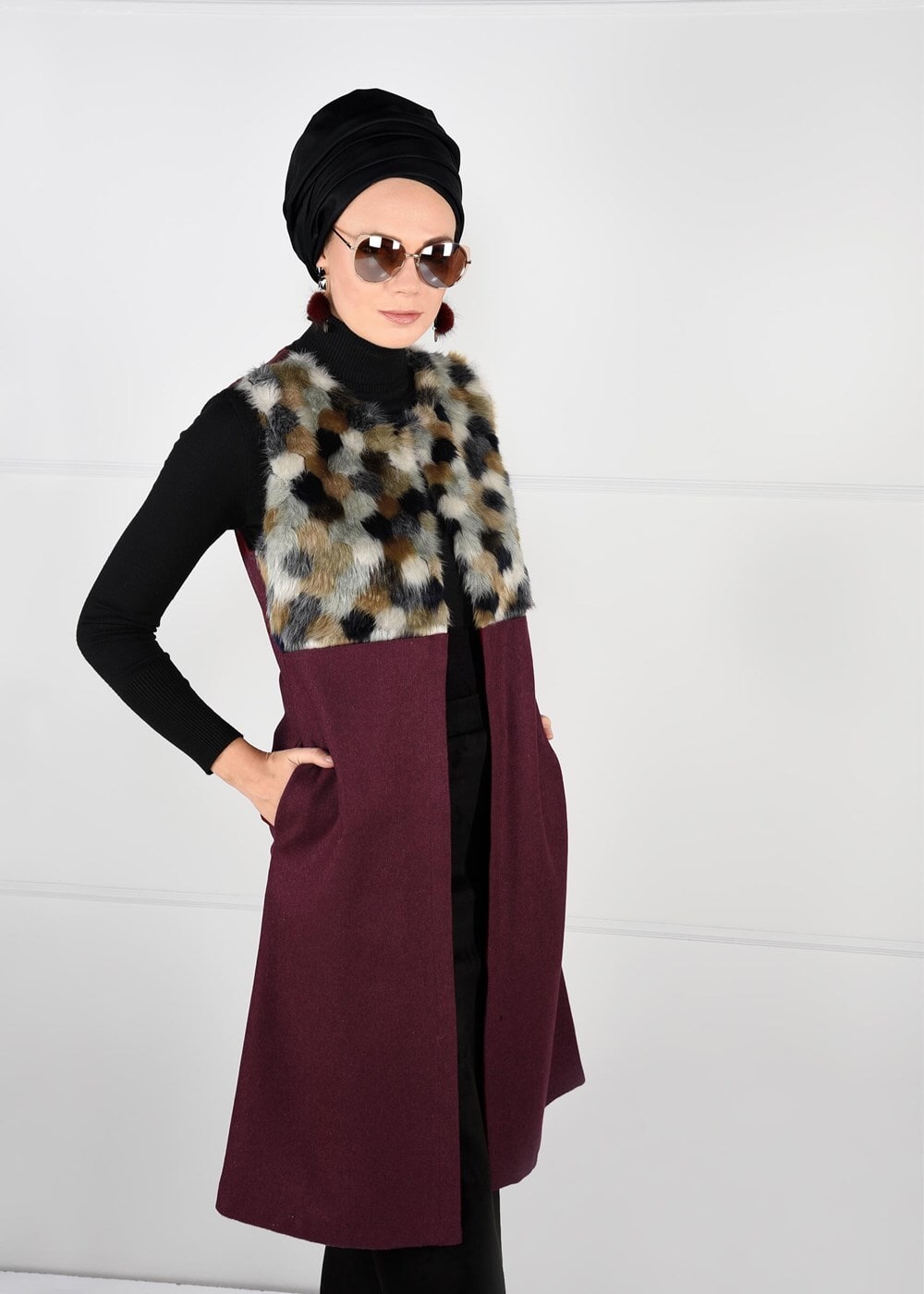 Tesettür giyim BORDO KÜRKLÜ KEÇE YELEK 5648 