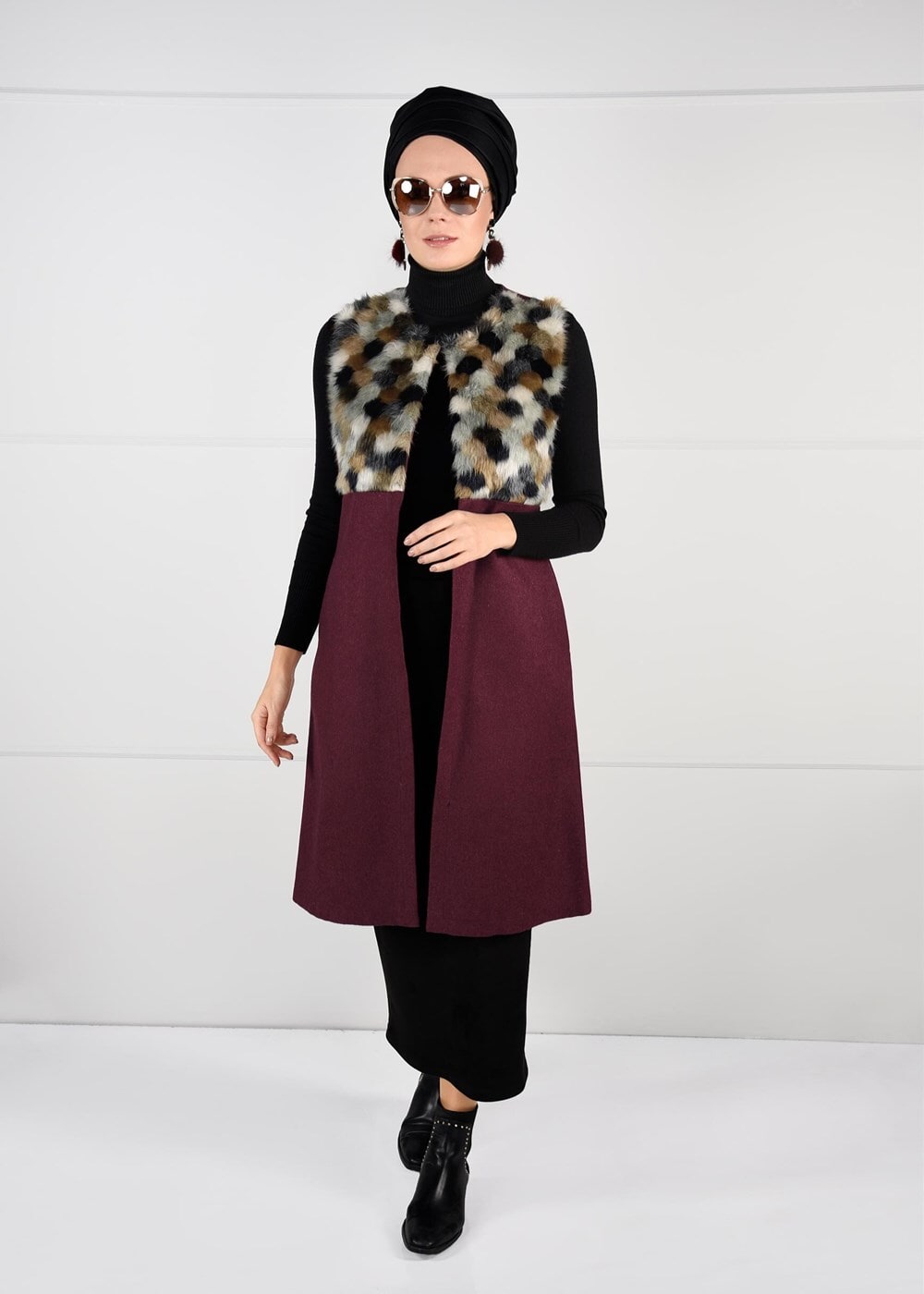 Tesettür giyim BORDO KÜRKLÜ KEÇE YELEK 5648 