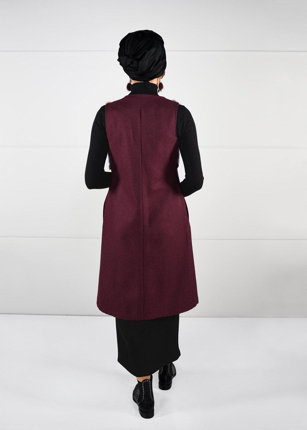 Tesettür giyim BORDO KÜRKLÜ KEÇE YELEK 5648 