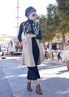 Tesettür giyim BEJ KÜRKLÜ KEÇE YELEK 5648 