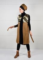 Tesettür giyim TABA KÜRK DETAYLI SÜET YELEK 6748 