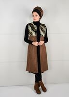 Tesettür giyim TABA KÜRK DETAYLI SÜET YELEK 6748 