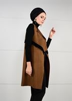Tesettür giyim TABA PÜSKÜL DETAYLI SÜET YELEK 6778 