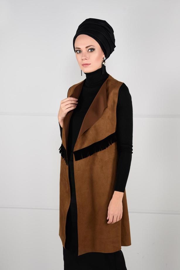 Tesettür giyim  PÜSKÜL DETAYLI SÜET YELEK 6778  - TRENDTESETTÜR