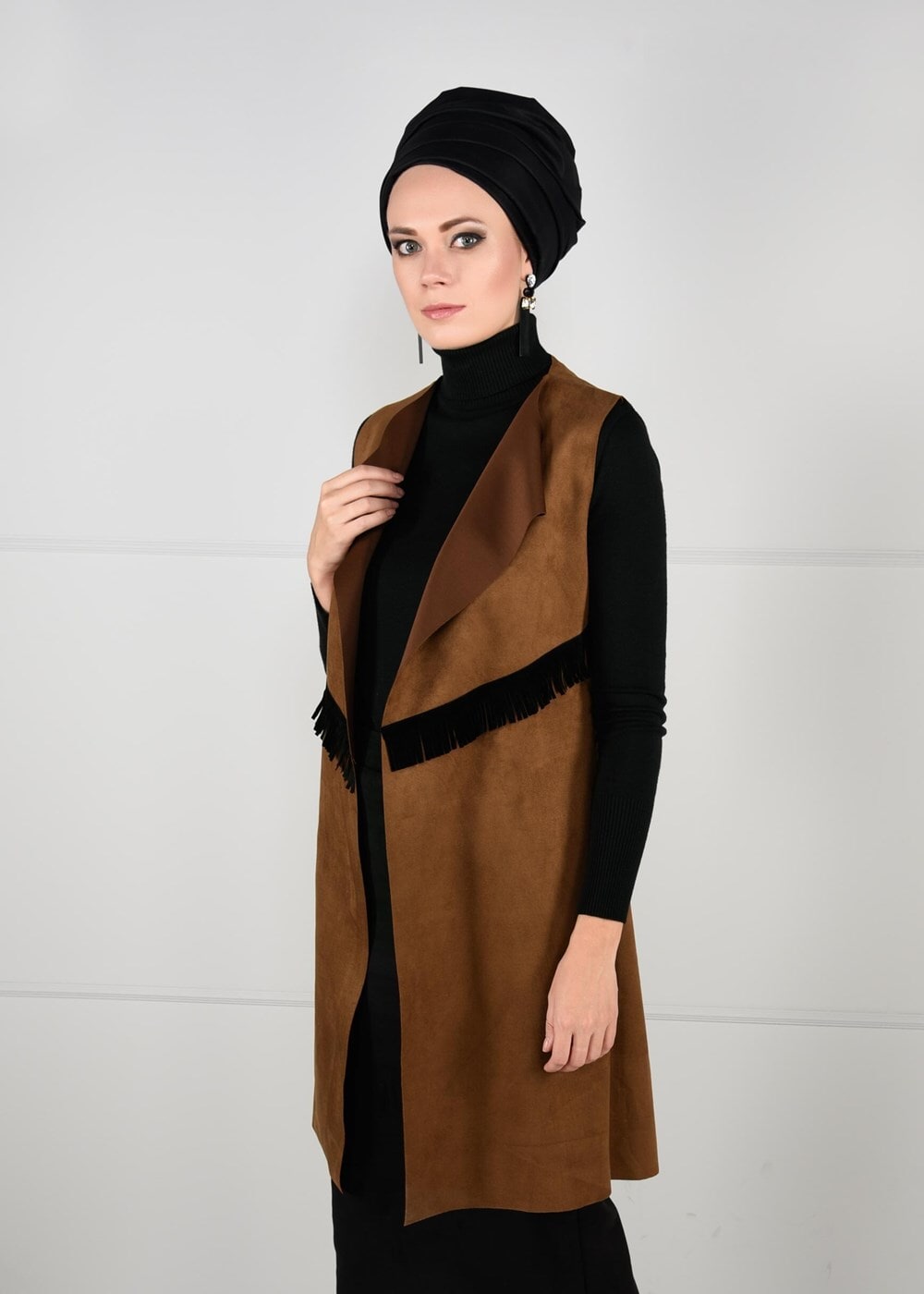 Tesettür giyim TABA PÜSKÜL DETAYLI SÜET YELEK 6778 