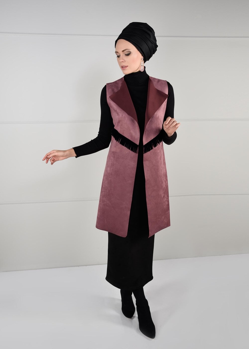 Vêtements hijab ROSE GILET EN DAIM À FRANGES 6778