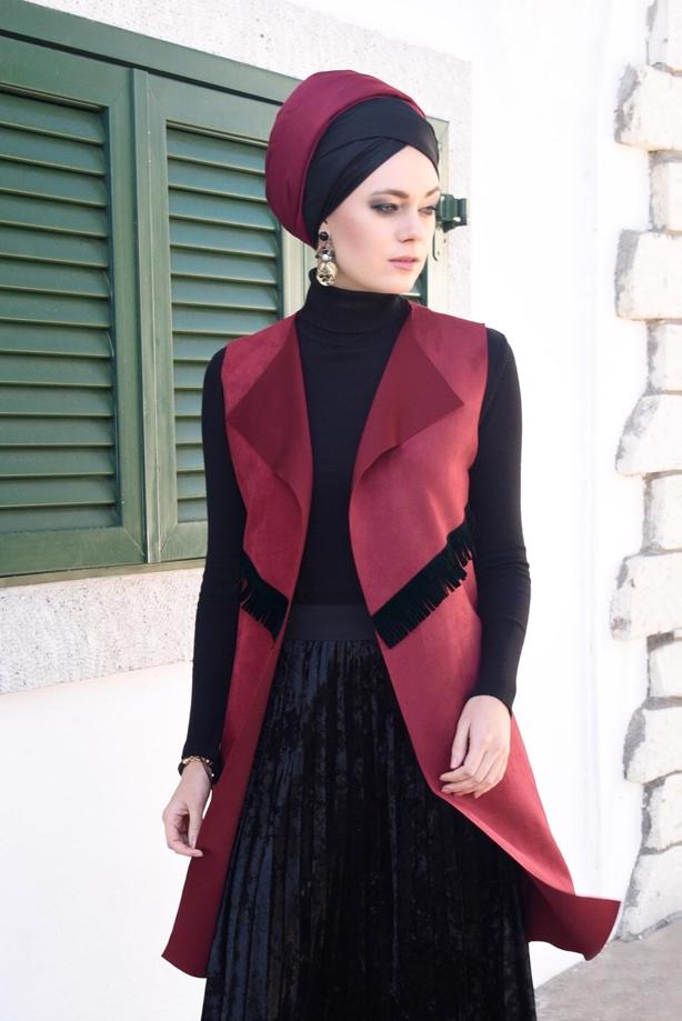 Tesettür giyim  PÜSKÜL DETAYLI SÜET YELEK 6778  - TRENDTESETTÜR