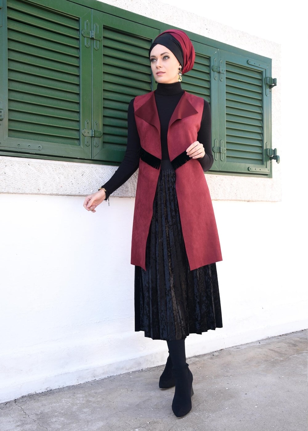 Tesettür giyim BORDO PÜSKÜL DETAYLI SÜET YELEK 6778 