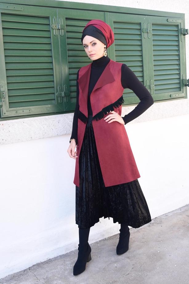 Tesettür giyim  PÜSKÜL DETAYLI SÜET YELEK 6778  - TRENDTESETTÜR