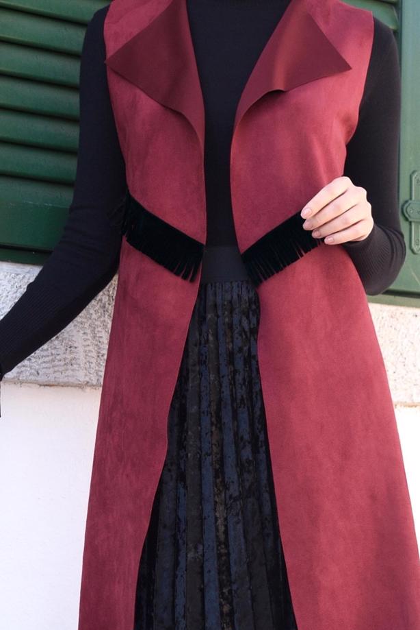 Tesettür giyim  PÜSKÜL DETAYLI SÜET YELEK 6778  - TRENDTESETTÜR