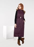 Tesettür giyim BORDO PELUŞ DETAYLI KEMERLİ KAPİTONE YELEK 9601