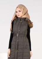 Tesettür giyim HAKİ PELUŞ DETAYLI KEMERLİ KAPİTONE YELEK 9601