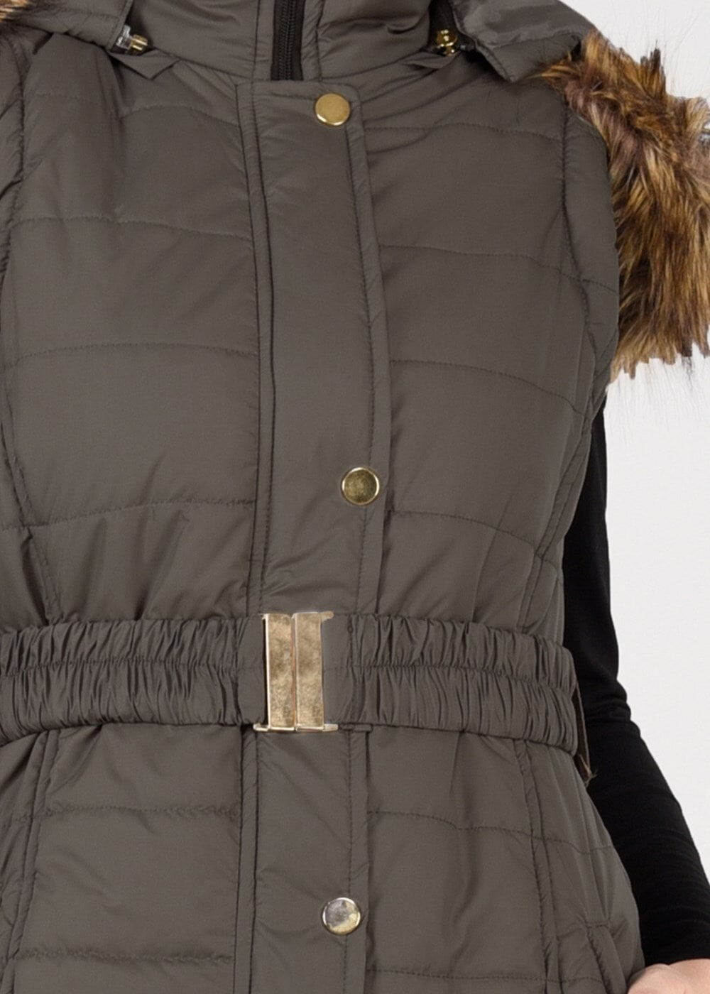 Tesettür giyim HAKİ PELUŞ DETAYLI KEMERLİ KAPİTONE YELEK 9601