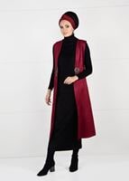 Tesettür giyim KIRMIZI BELİ DETAYLI SÜET YELEK 9748