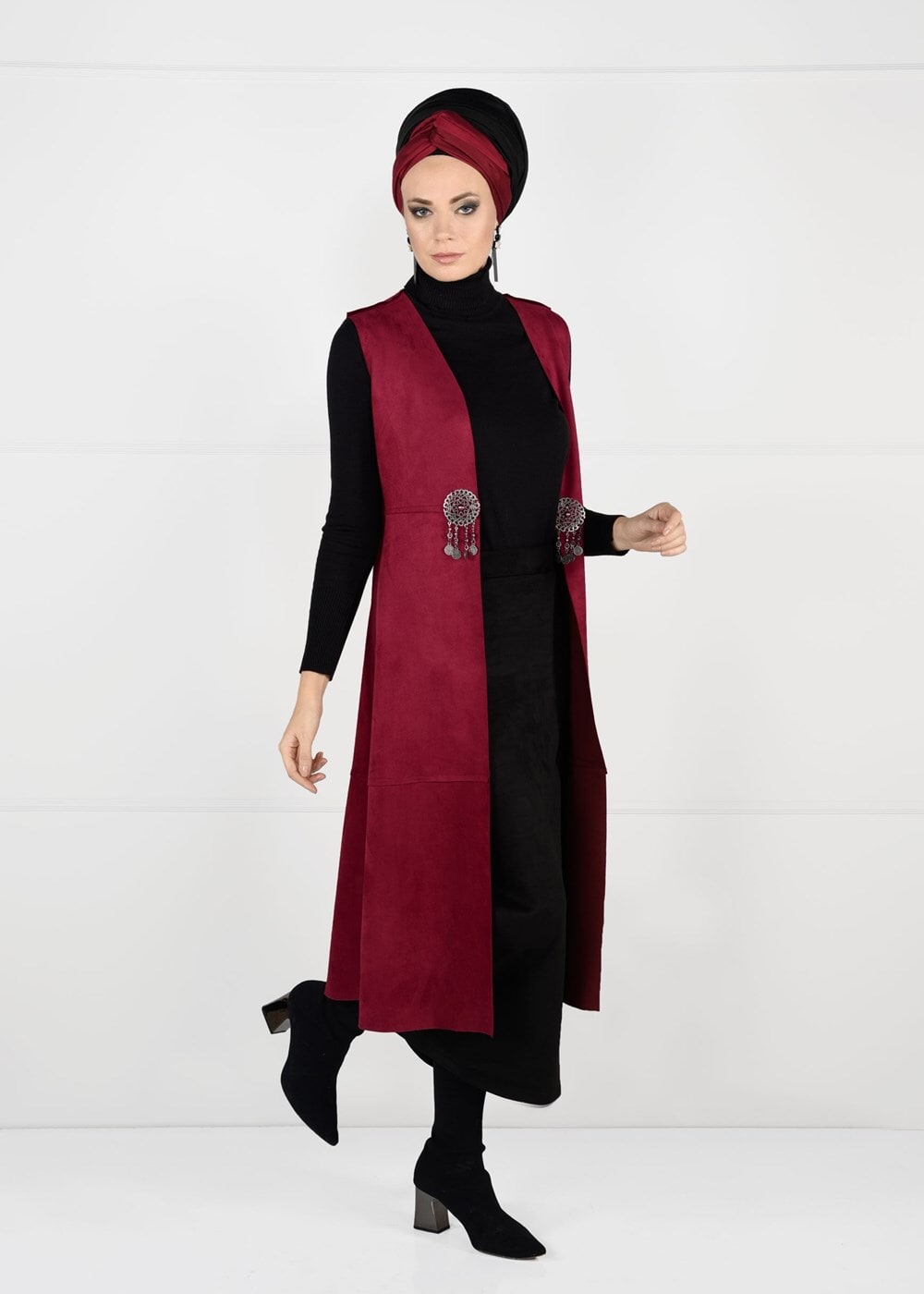 Tesettür giyim KIRMIZI BELİ DETAYLI SÜET YELEK 9748