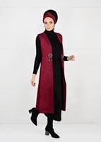 Tesettür giyim KIRMIZI BELİ DETAYLI SÜET YELEK 9748