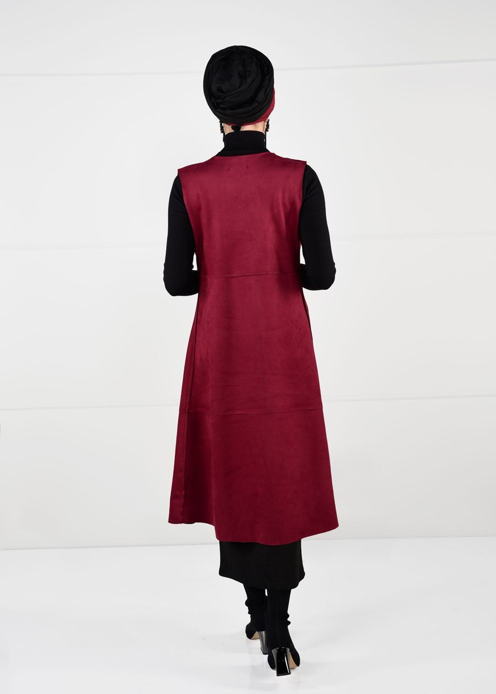 Tesettür giyim KIRMIZI BELİ DETAYLI SÜET YELEK 9748