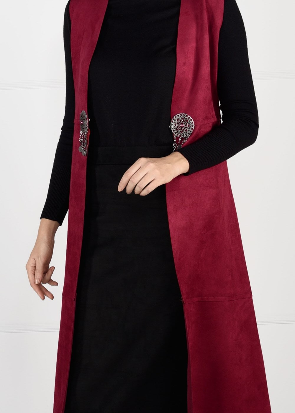 Tesettür giyim KIRMIZI BELİ DETAYLI SÜET YELEK 9748