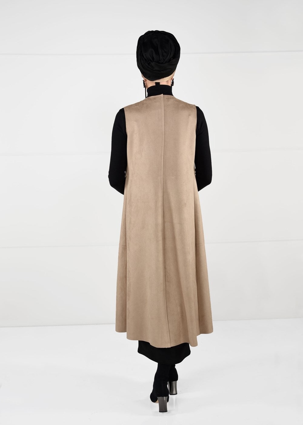 Tesettür giyim BEJ BELİ DETAYLI SÜET YELEK 9748