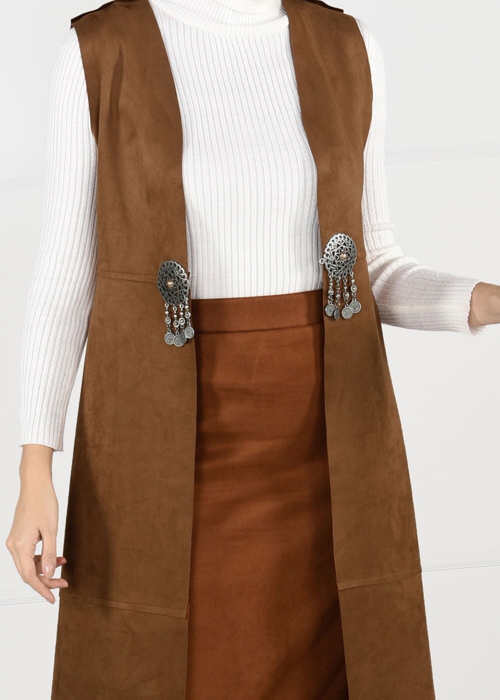 Tesettür giyim TABA BELİ DETAYLI SÜET YELEK 9748