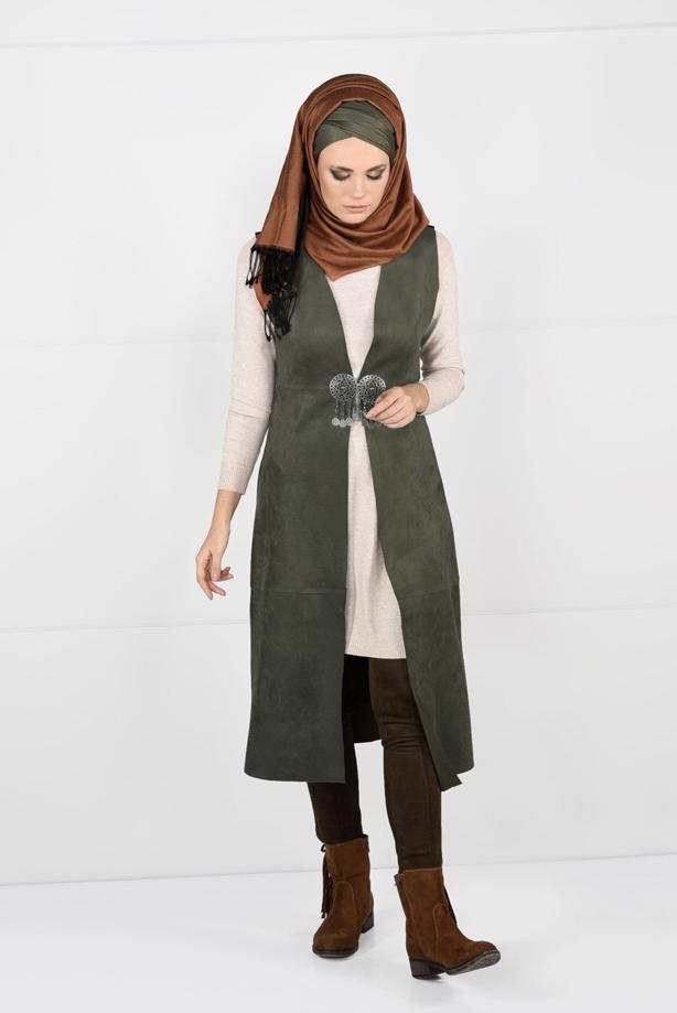 Tesettür giyim  BELİ DETAYLI SÜET YELEK 9748 - TRENDTESETTÜR